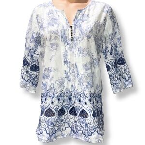 Soft Surroundings White Blue Floral Embroidered Pullover Blouse Tunic Top Sz PS